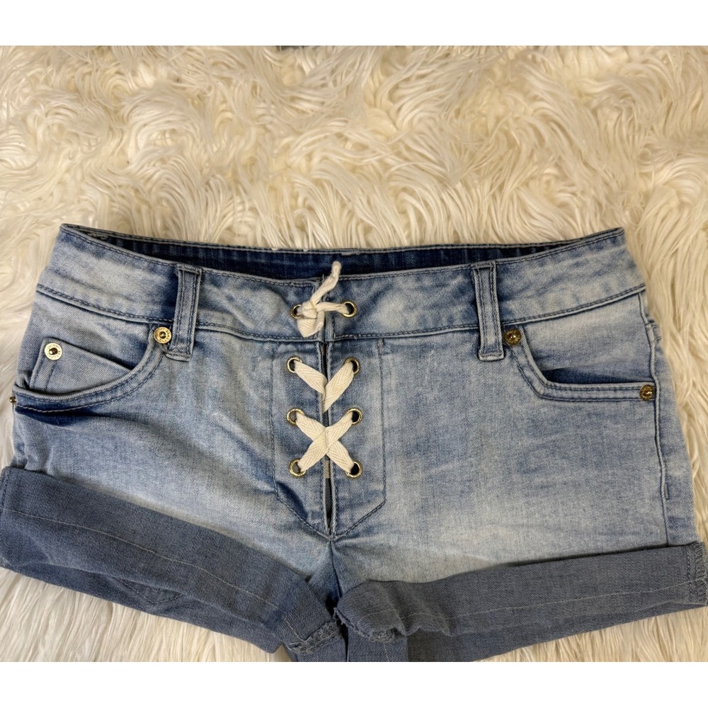 Juicy Couture Girls Denim Shorts Light Wash Lace Up Front Cuffed Blue Size 12